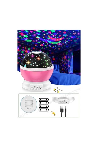 Pembe Dönen Renkli Ay Yıldızlı Gökyüzü Yansıtmalı Projeksiyon Gece Lambası Çocuk Bebek Parti Odası