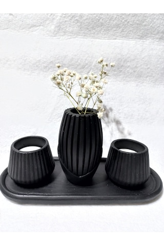 İskandinav Vazolu Tabaklı Tealight Mumluk Set Siyah Siyah