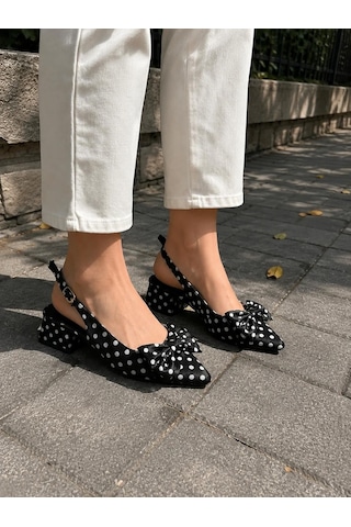 Asmi Shoes Kadın Mina Siyah Saten Puantiyeli Fiyonk Detaylı Arkası Açık 4 Cm Topuklu Ayakkabı