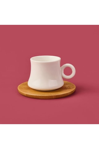 Mien Bambu Tabaklı Dar Fincan Seti - Açık Kahverengi / Beyaz - 100 Ml Açık Kahverengi / Beyaz