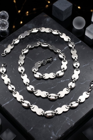 Paslanmaz Çelik Gemici - Kahve Çekirdeği Model Erkek Kolye Zincir Ve Bileklik Set 10mm 902920 Gümüş