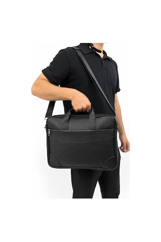 Sanmorris Adm Unisex Çok Gözlü Suni Deri Omuz Askılı Laptop, Evrak Çantası Siyah Mat