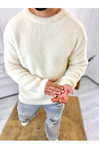 Elku Moda Kazak Oversize Tüylenmez Polar Kazak Bol Kesim Naturel Pamuk Rahat Kesim Salaş Peluş Kazak Beyaz