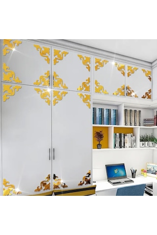 Yaprak-motif Desenli Pleksi Köşe Ayna Gold Gold