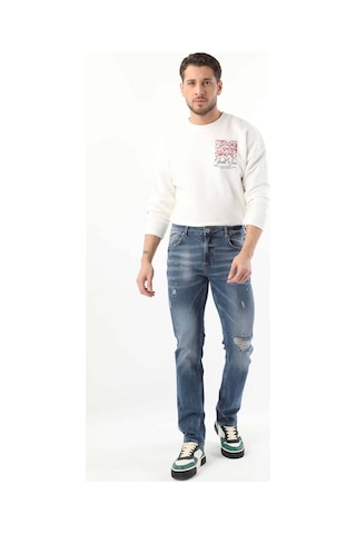 Erkek Dizi Yırtık Boyalı Jean Pantolon Mavi 001