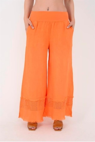 Eren Style İtalyan Fisto Paça Detaylı Keten Pantolon-9893 Oranj