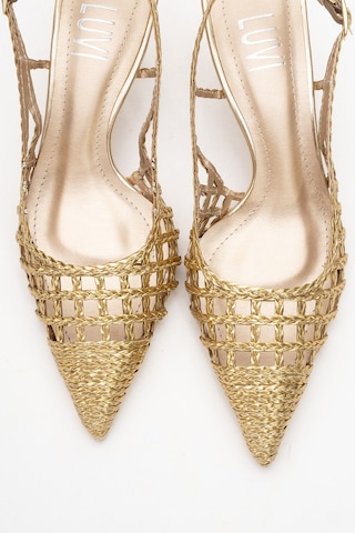 Luvishoes Luvi Shoes Heaven Altın Örme Arkası Açık Kadın Kısa Topuklu Ayakkabı Altın