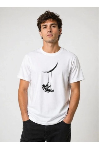 Veraura Lifestyle Erkek Astronot Ay Temalı Tişört Kısa Kol Yazlık Bisiklet Yaka T-shirt - Beyaz