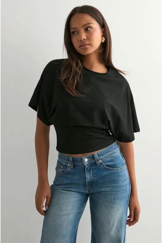 Bozzbozzcollection Yarasa Kollu Siyah Crop Tişört Kadın