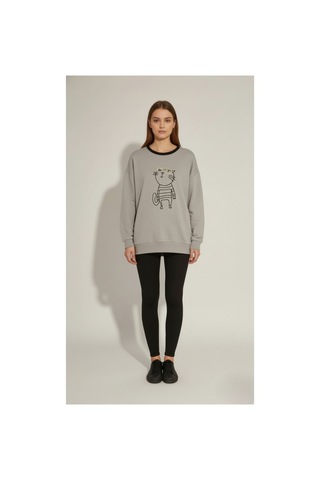 The Kadın Kedi Nakışlı Sweatshirt Rahat Kalıp 3 İplik Şardonsuz, Siyah & Gri Melanj Gri Melanj