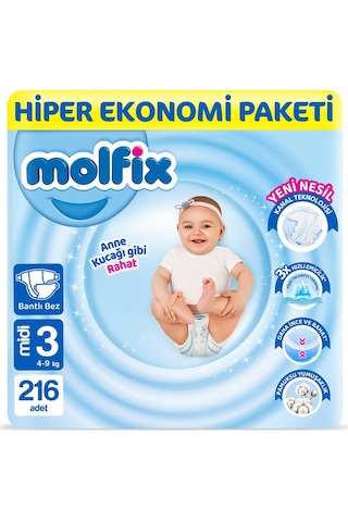 Molfix Bebek Bezi 3 Numara Midi Hiper Ekonomi Paketi 216 Adet 2'li