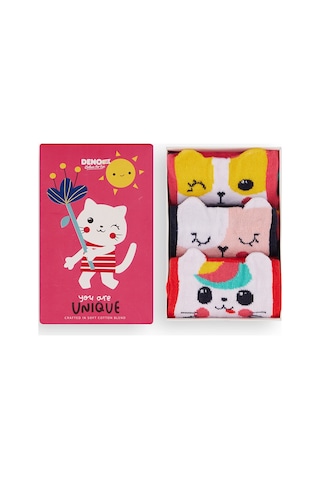 Kız Çocuk Kedi Desenli Pamuklu Çok Renkli 3'lü Paket Çorap 4-9 Yaş