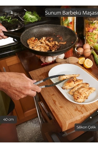 Sunum Maşası Barbekü Maşası Mangal Maşa Silikon Salata Maşası Siyah 40 Cm Gri Siyah