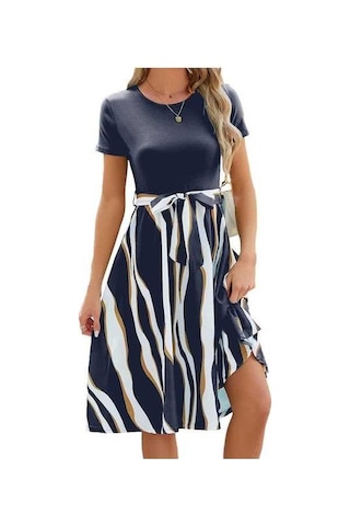 Novahub Yaz Kadın Bağcıklı Bel Çizgili Baskılı Midi Elbise, Düz Yuvarlak Yaka, Kısa Kollu, İnce A Kesim, Lacivert, Evet, Soğuk Su Yıkama Lacivert