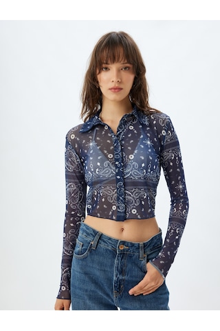 Koton Yarı Transparan Tül Crop Gömlek Floral Desenli Uzun Kollu Beyaz Desenli 5wak60018ek Beyaz Desenli
