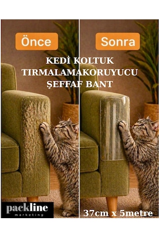 Packline Marketing Kedi Koltuk Tırmalama Koruyucu Şeffaf Yapışkanlı Mobilya Tırmalama Önleyici Bandı 37cm X 5metre