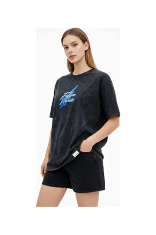 Butik İstanbul Asit Yıkamalı Oversize Tişört Future Worlds Baskılı Bisiklet Yaka Kısa Kollu Streetwear %100 Pamuk Street Style T-shirt - Siyah