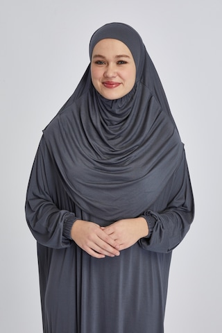 Pratik Başörtülü Rahat Giyilebilen Organik Tek Parça Namaz Elbisesi Füme