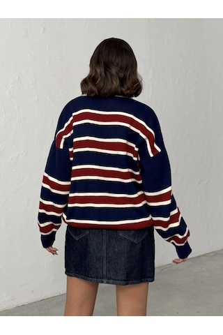 Kadın Polo Yaka Çizgili Triko Kazak Lacivert