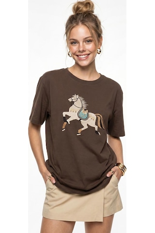 Shade Kadın Figürlü Nakış Ve Boncuk Detaylı Oversize T-shirt 2222 60286121 - Kahverengi