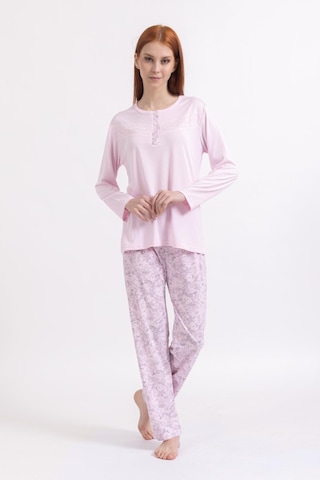 Kadın Dört Mevsim Dantel Desenli Melisa Kumaş Yüksek Kalite Yuvarlak Yaka Pijama Takımı 1361 - Pembe