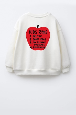 Monila Unisex Çocuk Sırtı Elma Baskılı 3 İplik Kumaş Pamuklu Sweatshirt Ekru