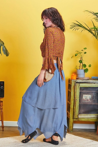 Bohem Tarz Katlı Salaş Beli Lastikli Uzun Etek İndigo