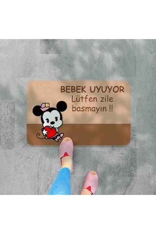 Bebek Uyuyor Yazılı Dekoratif Dış Kapı Önü Ve Iç Mekan Paspası Yıkanabilir Kahverengi