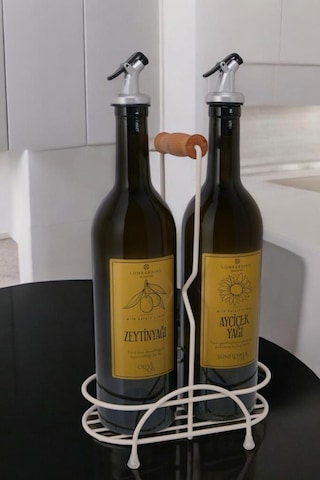 Digithome Petra 2'li Krem Metal Standlı Ahşap Saplı Yağdanlık Seti Gold Etiketli Amber Yağlık 750 Ml Krem