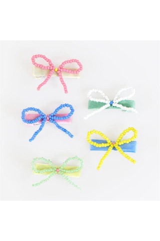 Meri Meri - Beaded Bow Hair Clips - Boncuklu Fiyonklu Saç Tokaları - 5 Adet Çok Renkli
