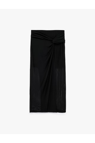 Koton Slim Fit Düğüm Detaylı Kruvaze Tül Midi Pareo Etek Siyah 7wak10038ek
