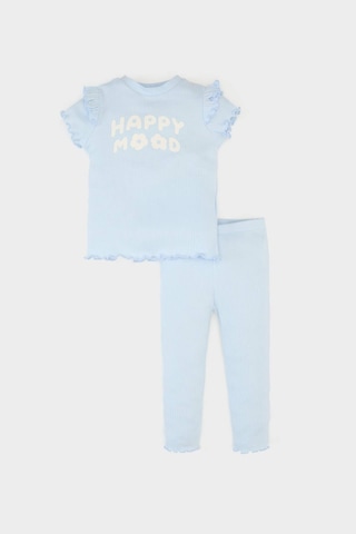 DeFacto Kız Bebek 2'li Takım Baskılı Kısa Kollu Fitilli Kaşkorse Tişört Beli Lastikli Alt A0457A525SMBE343 Mavi