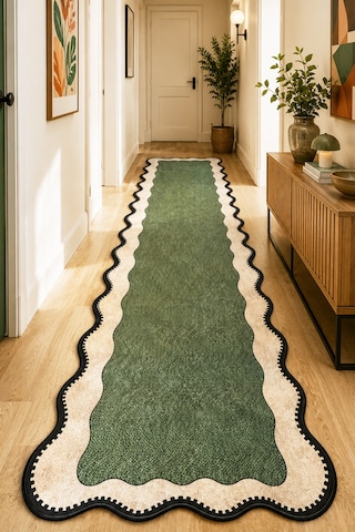 Neho Shape Green Makinede Yıkanabilir Kaymaz Taban Leke Tutmaz Dijital Salon Halısı Mutfak Halısı Ve Yolluk Asimetrik