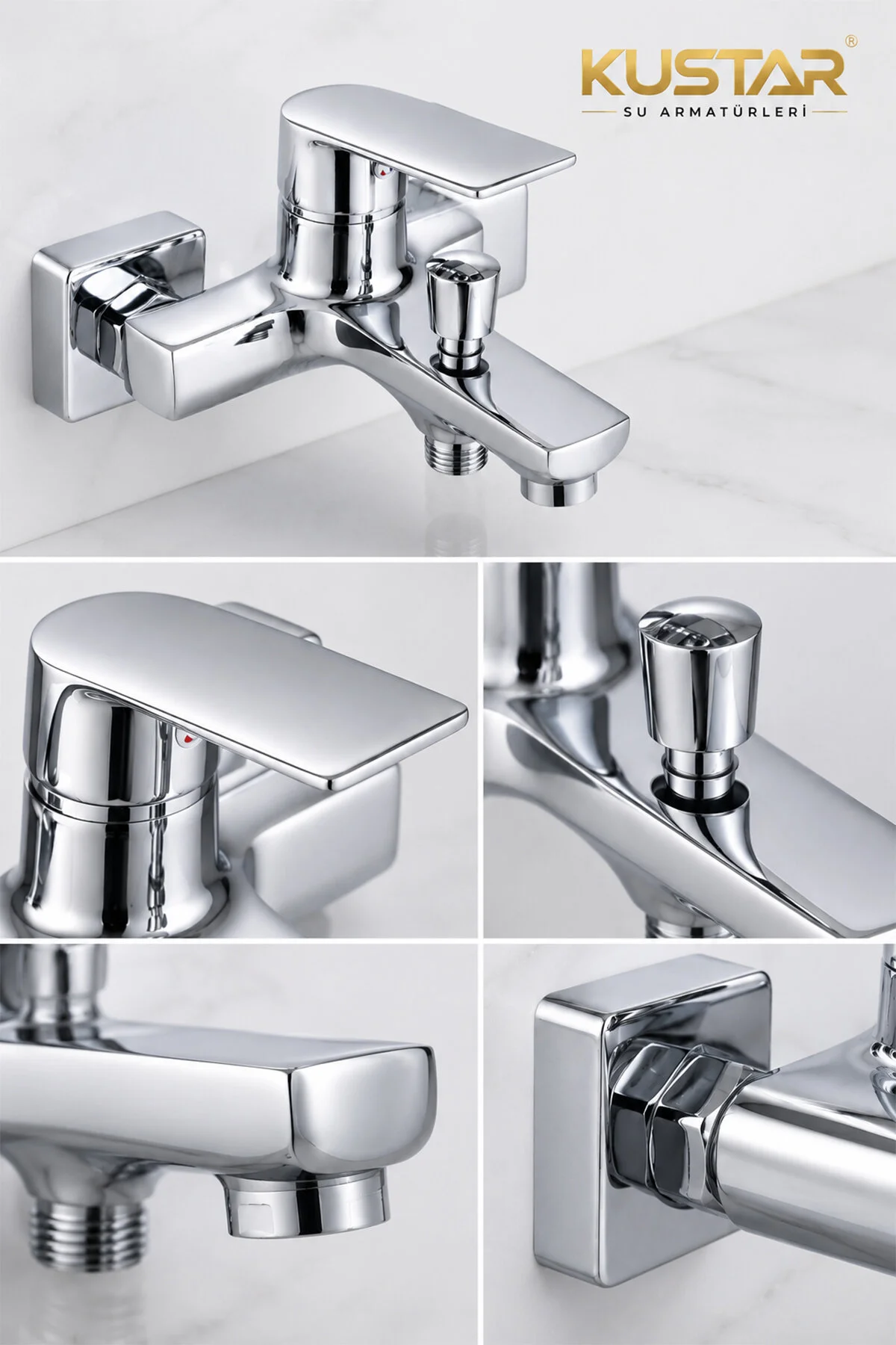 Mars Model Krom Banyo Bataryası Tek Kollu Küvet Duş Bataryası Modern Tasarım - Kare Rozetli