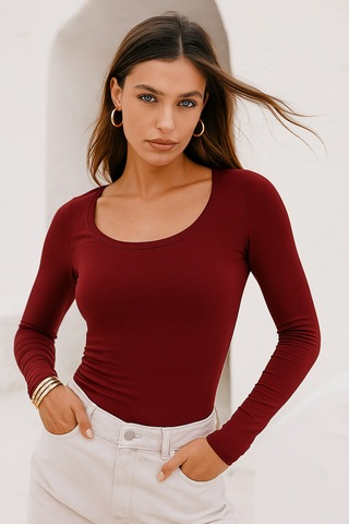 Rich Kadın Bordo U Yaka Esnek Uzun Kollu Pamuklu Bluz Bordo