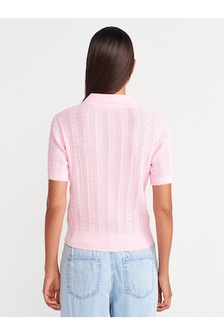 Dilvin 10781 Polo Yaka Düğmeli Ajurlu Triko Bluz-pembe Pembe