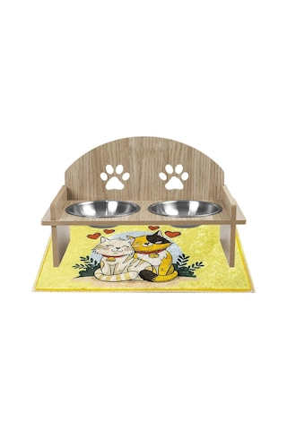 Gobypet Ahşap Kedi Mama Ve Su Kabı İle Paspası, Çift Hazneli Metal Mama Ve Su Kabı, Çift Hazneli Köpek Mama Kabı