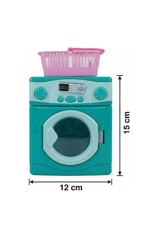 Aksesuarlı Çamaşır Makinesi Sepet Ve Askılı Eğitici 15 Cm Açılır Kapaklı Oyuncak Çamaşır Makinesi