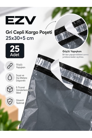 Gri Cepli Kargo Poşeti 25x30+5 Cm 25 Adet Yapışkanlı, Şeffaf Evrak Cepli
