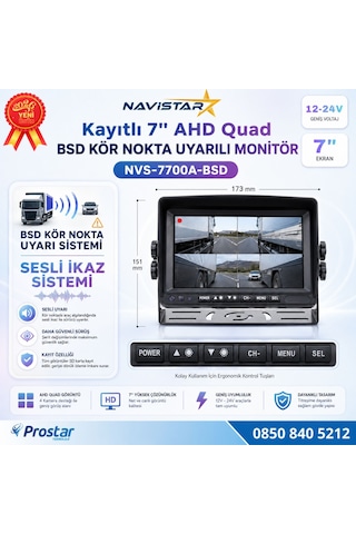 7 İnç Kayıtlı Ahd Quad Araç Monitörü - Sesli Bsd Kör Nokta Uyarılı, 12-24v, Rca Soketli