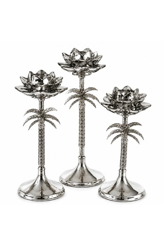 Palmiye Desenli Gümüş Renk Metal Lotus Mumluk 3'lü Şamdan Seti Dekoratif Mumluk