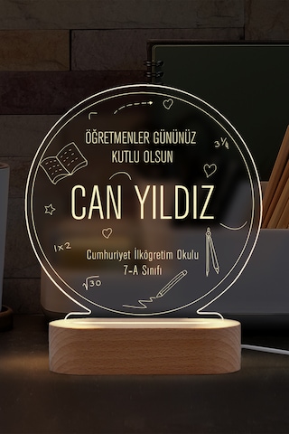 Öğretmenler İçin Kişiye Özel Led Gece Lambası Masif Ahşap Tabanlı Usb Kablolu Pleksi Led Gece Lambası