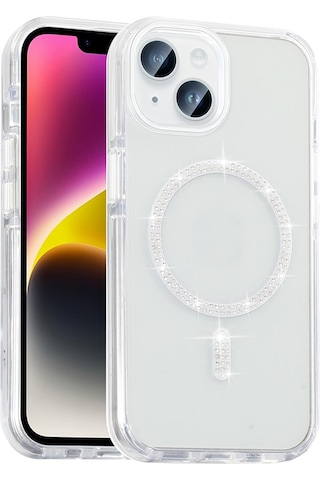 Apple Uyumlu iPhone 13 Kılıf Taşlı Tasarım M-safe Şarj Özellikli Mkst Koment Silikon Kapak - Gold Altın