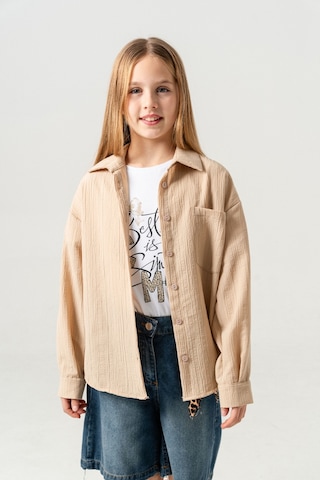 Kız Çocuk Tek Cepli Gömlek T-shirt İkili Takım 1802 Bej