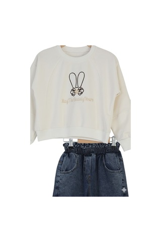 Erdem Kıds Kız Çocuk Bayramlık Günlük - Casual Geniş-bol Paça Palazzo Kot Pantolon-sweatshirt İkili Takım Beyaz - Mavi Beyaz - Mavi