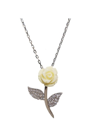 925 Ayar Gümüş Zirkon Taşlı Özel Tasarım Beyaz Yaprak Gül Kolye Gümüş