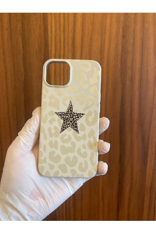 Apple iPhone Uyumlu 13/14 Leopar Baskılı İçi Kadife Silikon Telefon Kılıfı Krem