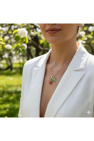 Lente Aksesuar Yonca, Uğurböceği, Nal Figürlü Çelik 14k Altın Rengi Charm Şans Kadın Kolye Gold