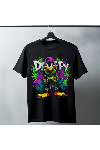 Freedom Store Daffy Duck Graffiti Baskılı Unisex Siyah Tişört - 24/1 Penye Pamuklu
