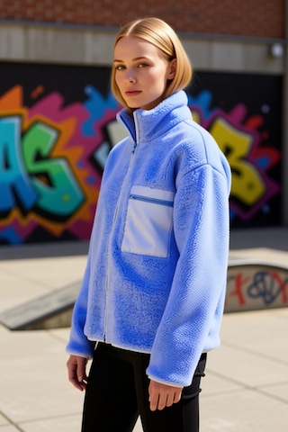 Benerly Kadın Dik Yaka Düşük Kol Tam Fermuarlı Peluş Sweatshirt Fonksiyon Açık Mavi